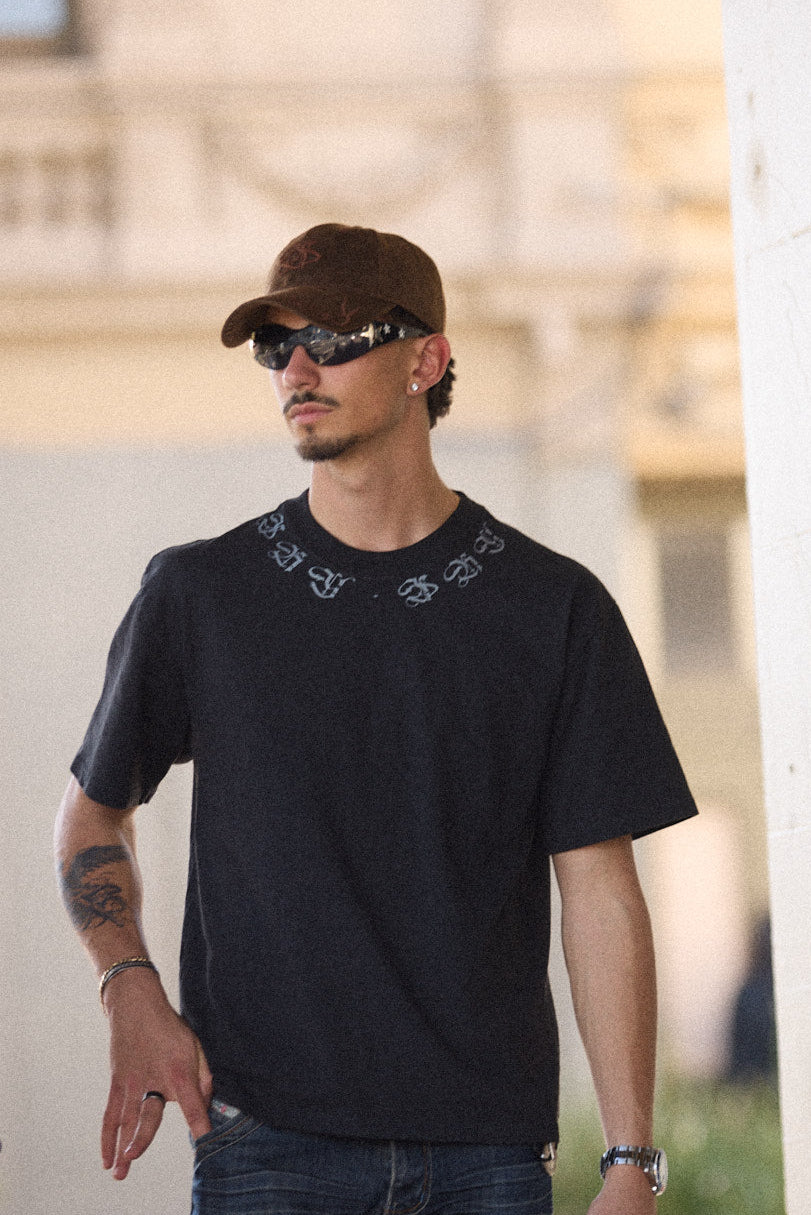 BOXY T-SHIRT WITH SKY COLLAR PRINT IN VINTAGE BLACK